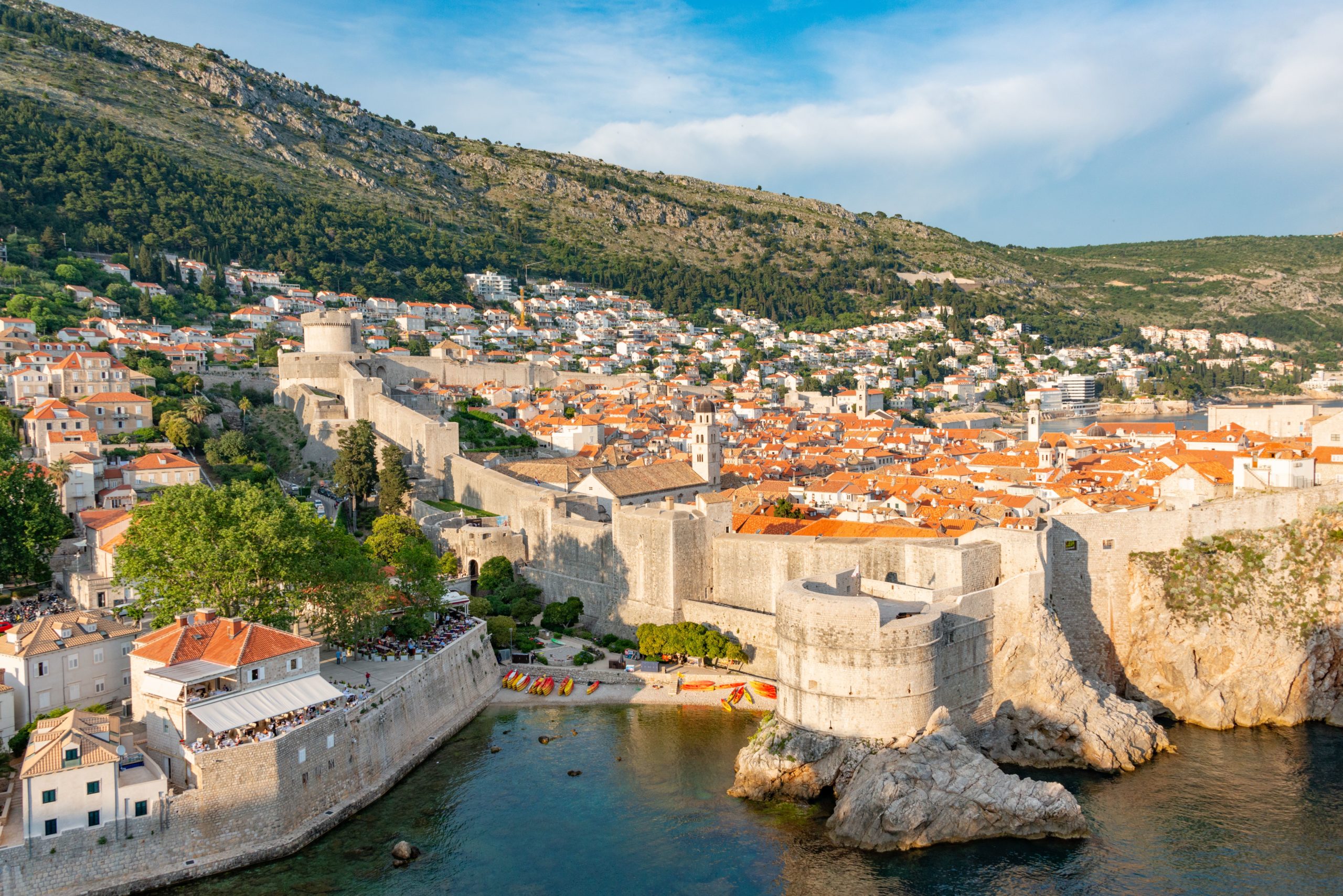 Aerial view of Dubrovnik’s historic Old Town, surrounded by medieval city walls and the Adriatic Sea.