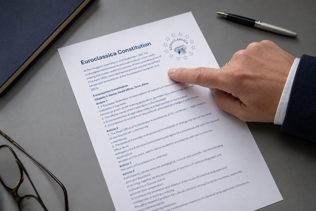 Hand pointing to the Euroclassica Constitution document on a desk with glasses, a notebook, and a pen.