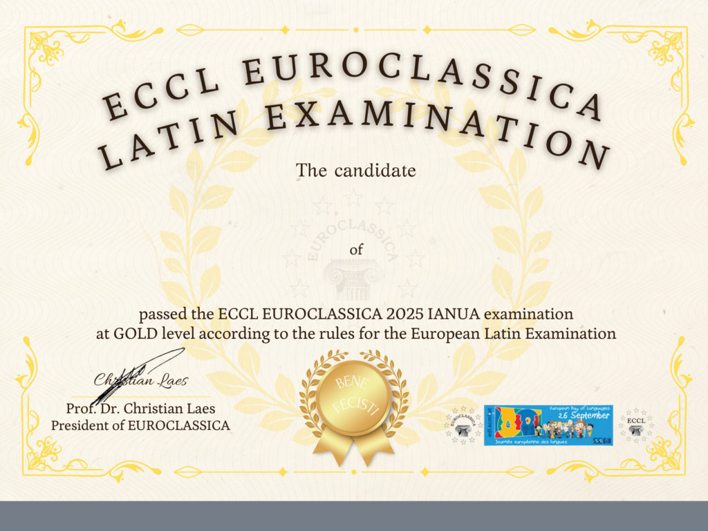 Certificate awarded for passing the Euroclassica European Latin Examination at Gold level.